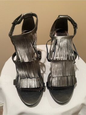 Delicious Metallic Silver Fringe Ankle-Strap Heels